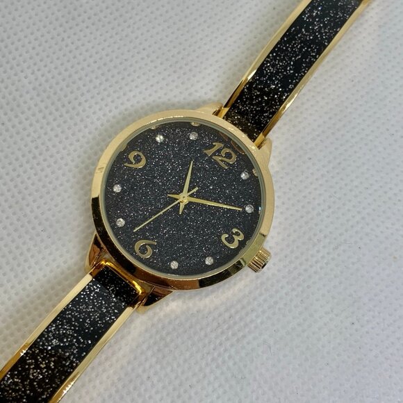 Women gold black tone watch quartz analog 32mm round  case link running - Picture 2 of 8